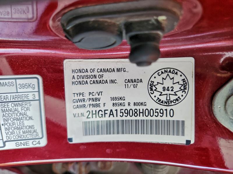 2HGFA15908H005910 - 2008 HONDA CIVIC EXL RED photo 13