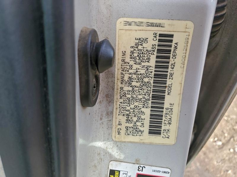 5YFBU4EE2DP127417 - 2013 TOYOTA COROLLA BASE ვერცხლისფერი ფოტო 12