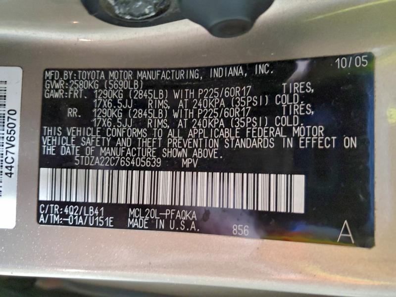 5TDZA22C76S405639 - 2006 TOYOTA SIENNA XLE Թուխ լուսանկար 13