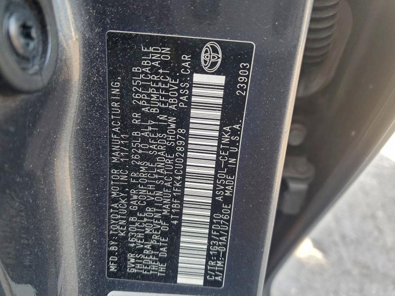 4T1BF1FK4CU028978 - 2012 TOYOTA CAMRY BASE CHARCOAL photo 12