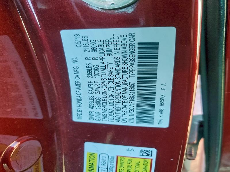 1HGCV1F16KA115057 - 2019 HONDA ACCORD LX Қызыл фото 12