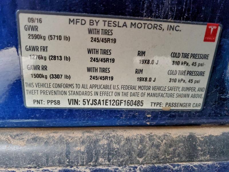 5YJSA1E12GF160485 - 2016 TESLA MODEL S 蓝色 照片 12