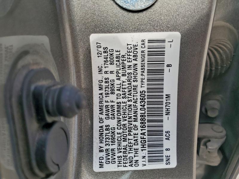 1HGFA16888L043605 - 2008 HONDA CIVIC EX GRAY photo 12