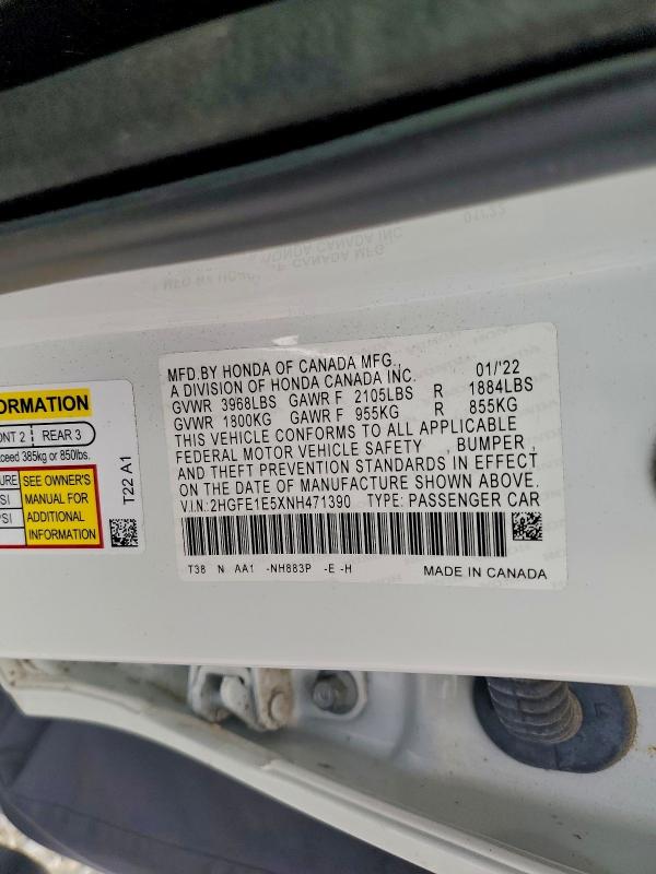 2HGFE1E5XNH471390 - 2022 HONDA CIVIC SI WHITE photo 13