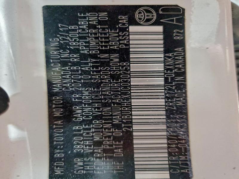 2T1BURHEXJC030258 - 2018 TOYOTA COROLLA L WHITE photo 13