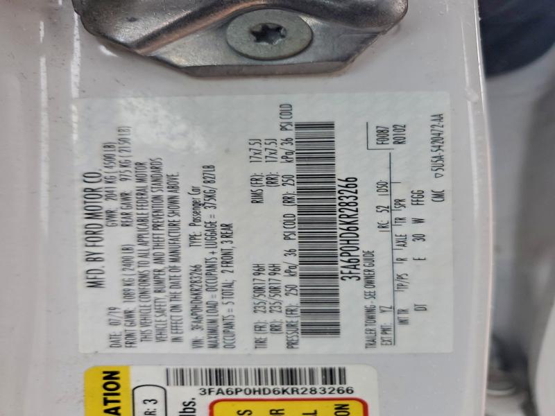 3FA6P0HD6KR283266 - 2019 FORD FUSION SE Ağ foto 12