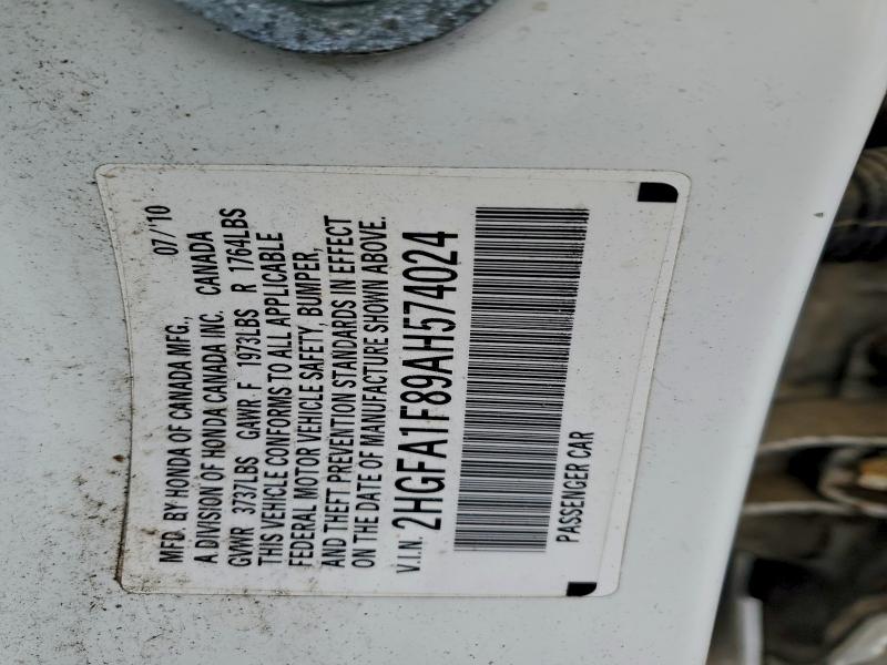 2HGFA1F89AH574024 - 2010 HONDA CIVIC EX WHITE photo 12