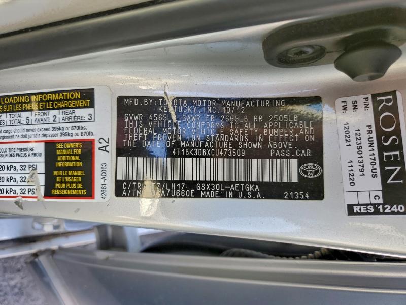 4T1BK3DBXCU473509 - 2012 TOYOTA AVALON BASE Күміс фото 12