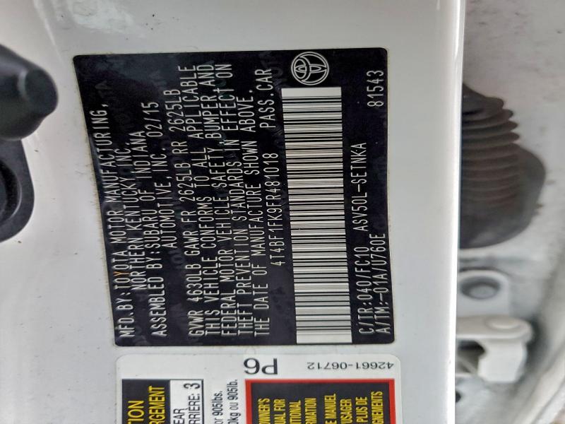 4T4BF1FK9FR481018 - 2015 TOYOTA CAMRY LE WHITE photo 12