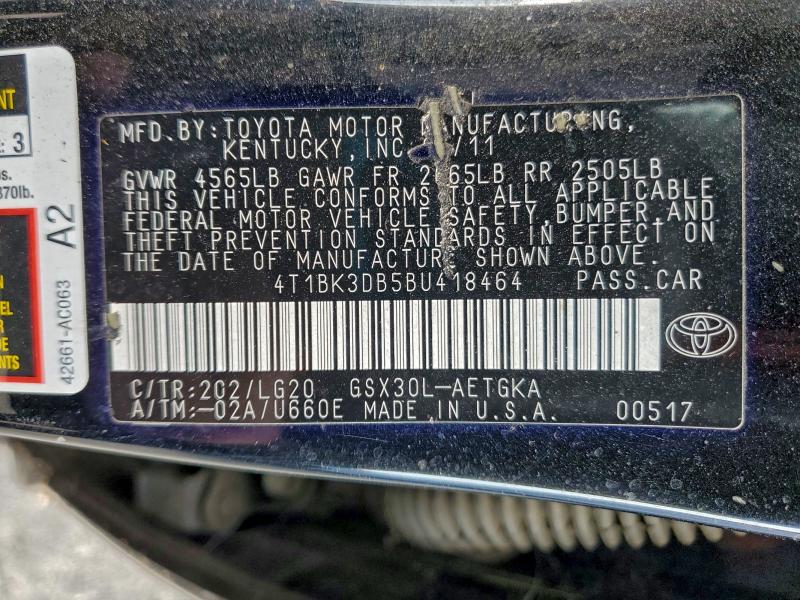 4T1BK3DB5BU418464 - 2011 TOYOTA AVALON BASE Чорний фото 12