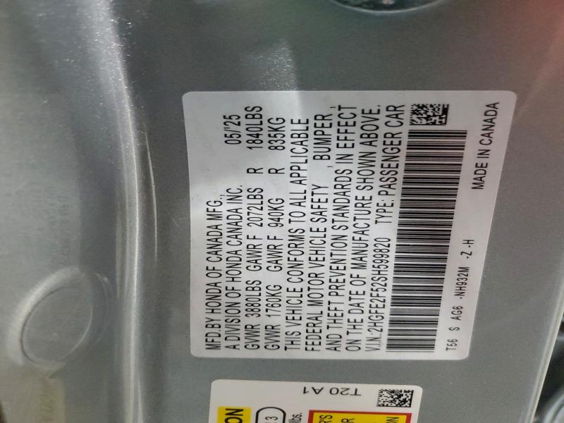 2HGFE2F52SH599820 - 2025 HONDA CIVIC SPORT GRAY photo 12