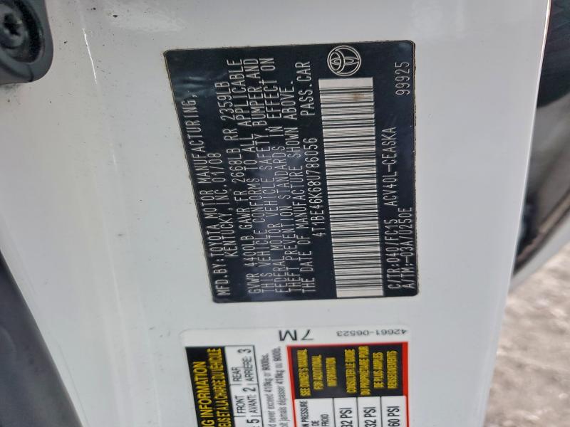 4T1BE46K68U786056 - 2008 TOYOTA CAMRY CE თეთრი ფოტო 12