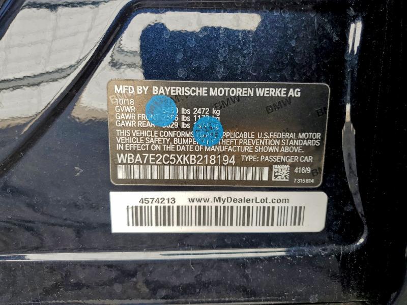 WBA7E2C5XKB218194 - 2019 BMW 740 I BLUE photo 12