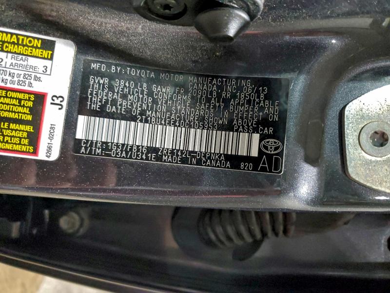 2T1BU4EE4DC105953 - 2013 TOYOTA COROLLA BASE Темно-сірий фото 12