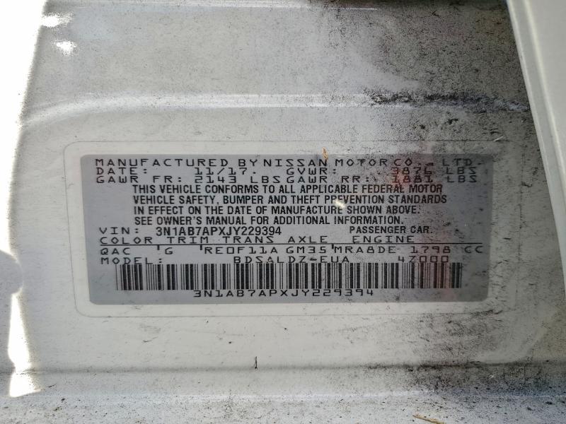 3N1AB7APXJY229394 - 2018 NISSAN SENTRA S 白色 照片 12