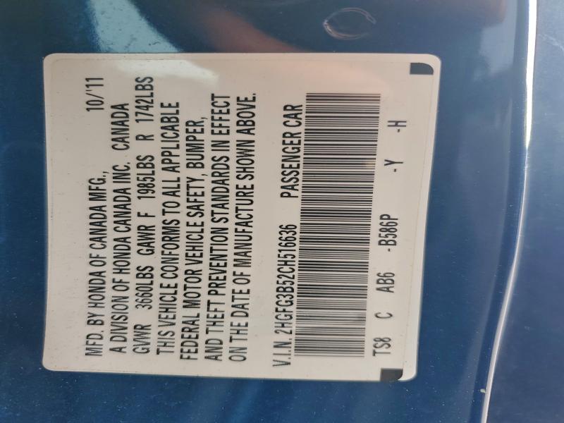 2HGFG3B52CH516636 - 2012 HONDA CIVIC LX Azul foto 12