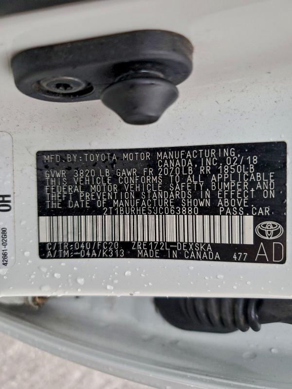 2T1BURHE5JC063880 - 2018 TOYOTA COROLLA L 白色 照片 12