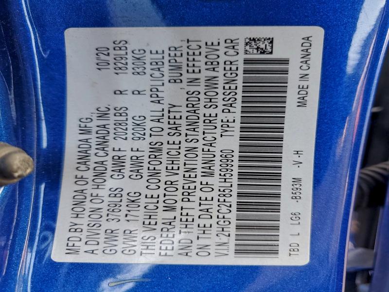 2HGFC2F85LH599960 - 2020 HONDA CIVIC SPORT BLUE photo 12