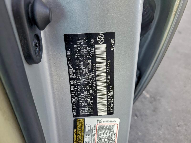 4T1BK46K57U547668 - 2007 TOYOTA CAMRY LE SILVER photo 12