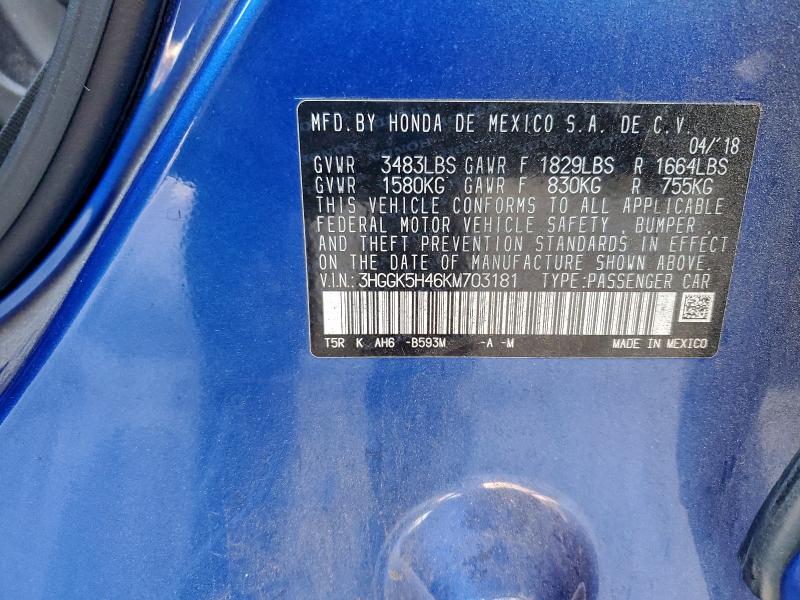 3HGGK5H46KM703181 - 2019 HONDA FIT LX BLUE photo 12