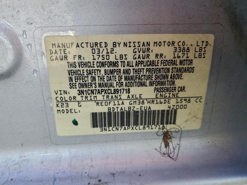 3N1CN7APXCL891718 - 2012 NISSAN VERSA S SILVER photo 12