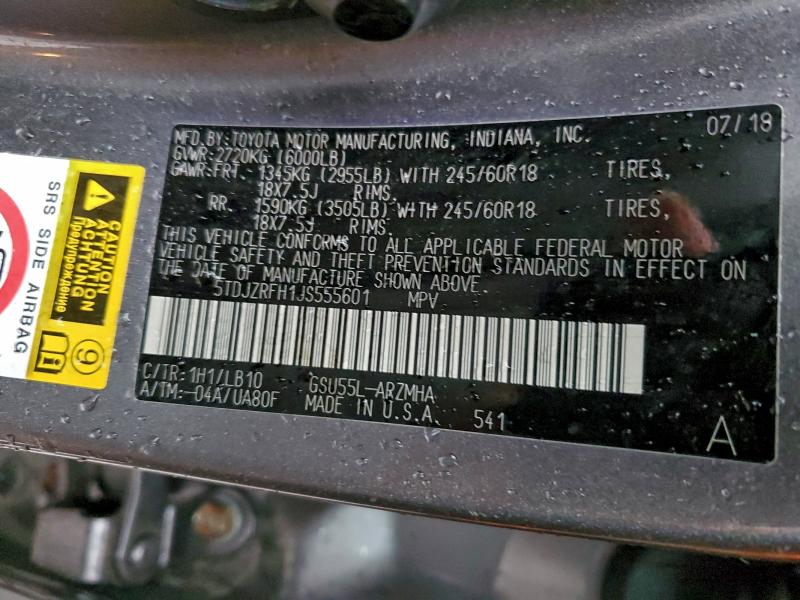 5TDJZRFH1JS555601 - 2018 TOYOTA HIGHLANDER SE Gris photo 13