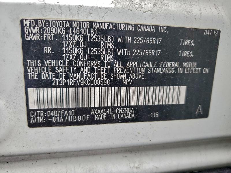 2T3P1RFV9KC008598 - 2019 TOYOTA RAV4 XLE Ağ foto 14