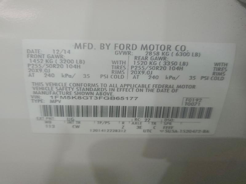 1FM5K8GT3FGB65177 - 2015 FORD EXPLORER SPORT WHITE photo 13