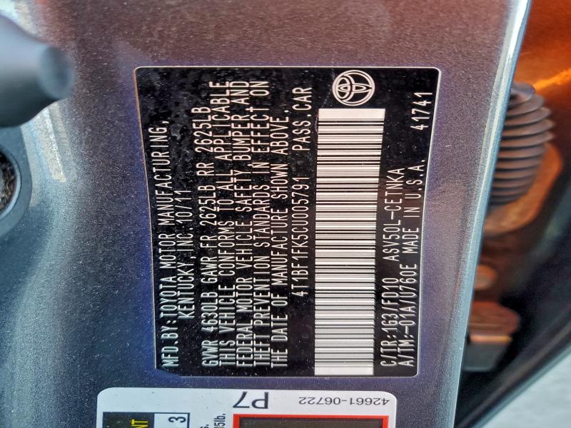 4T1BF1FK5CU005791 - 2012 TOYOTA CAMRY BASE GRAY photo 13