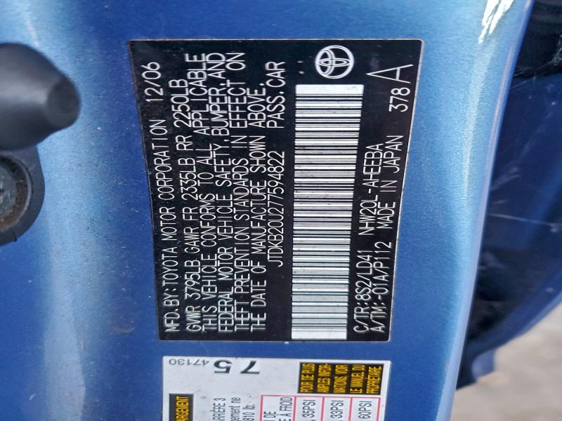 JTDKB20U277594822 - 2007 TOYOTA PRIUS BLUE photo 12