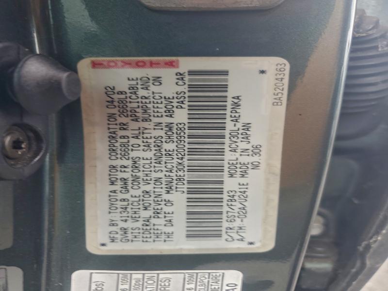 JTDBE30K420099583 - 2002 TOYOTA CAMRY LE GREEN photo 12