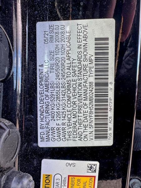 5FNYF8H52MB024288 - 2021 HONDA PASSPORT EXL BLACK photo 10