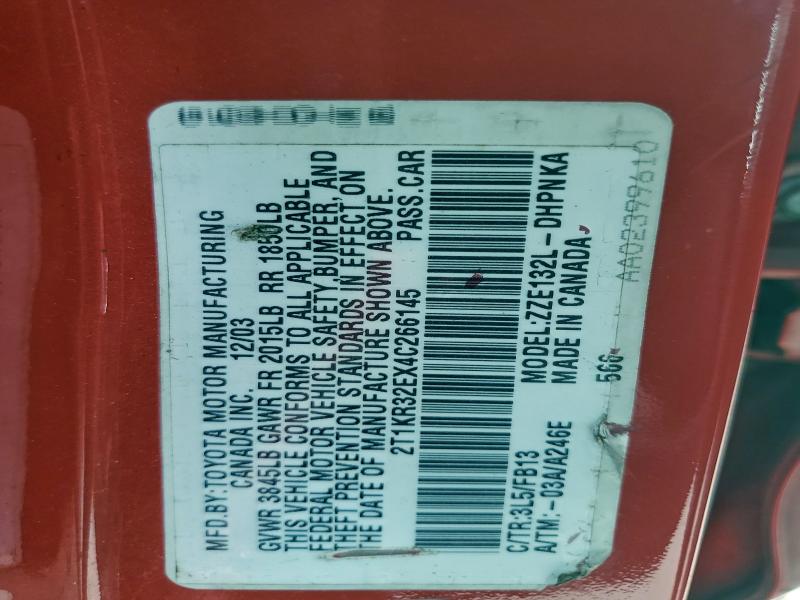2T1KR32EX4C266145 - 2004 TOYOTA COROLLA MA XR RED photo 13