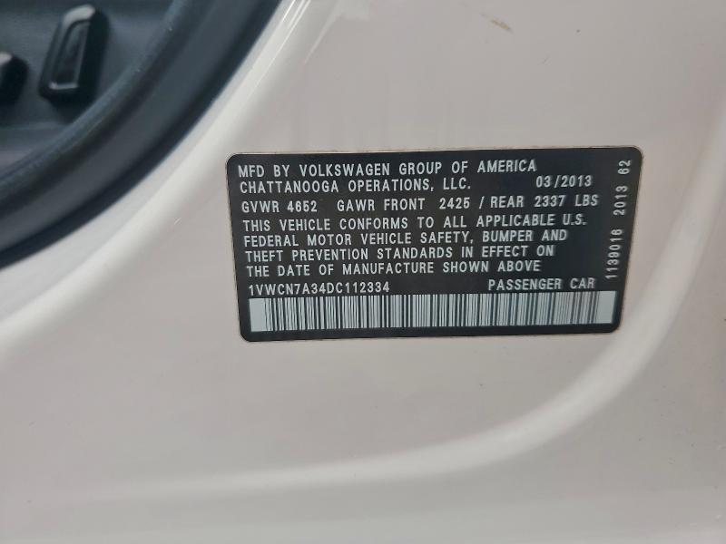 1VWCN7A34DC112334 - 2013 VOLKSWAGEN PASSAT SEL 白色 照片 12