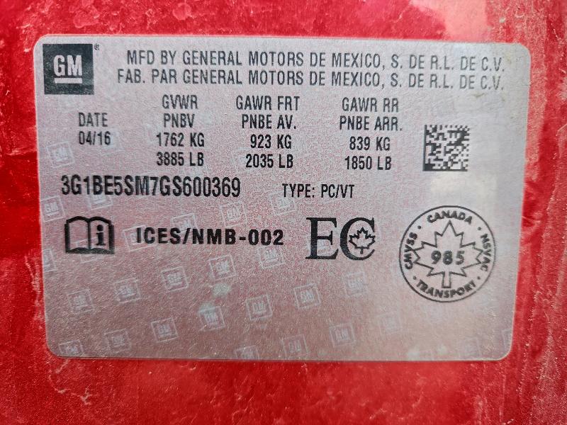 3G1BE5SM7GS600369 - 2016 CHEVROLET CRUZE LT 红色 照片 12