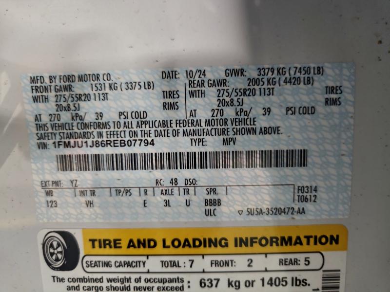 1FMJU1J86REB07794 - 2024 FORD EXPEDITION XLT WHITE photo 14