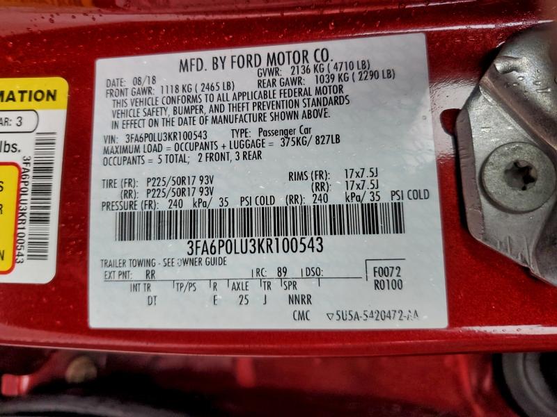 3FA6P0LU3KR100543 - 2019 FORD FUSION SE 红色 照片 12