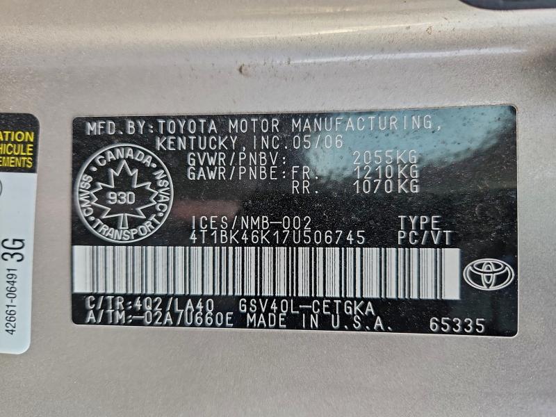 4T1BK46K17U506745 - 2007 TOYOTA CAMRY LE TAN photo 12