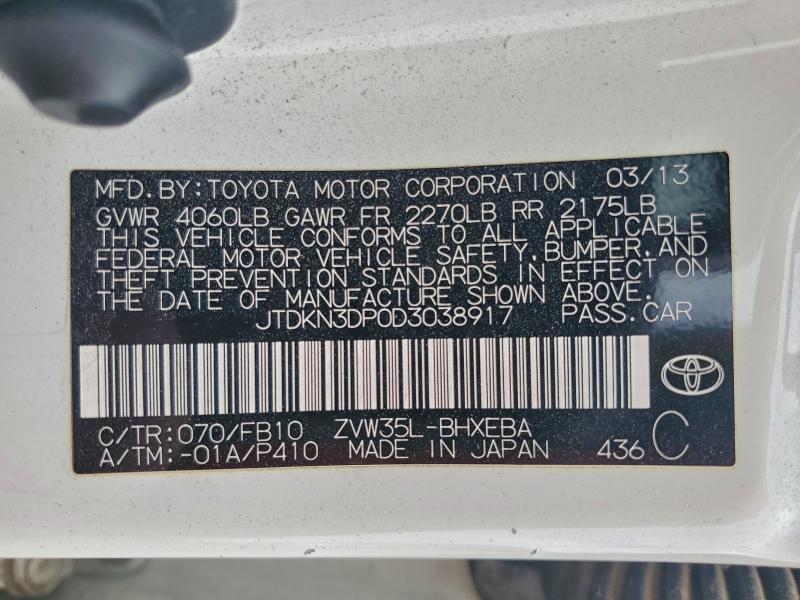 JTDKN3DP0D3038917 - 2013 TOYOTA PRIUS PLUG WHITE photo 12