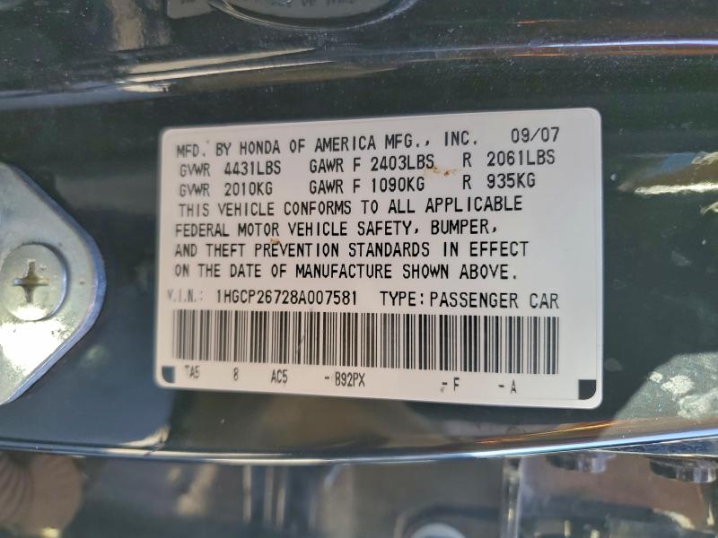 1HGCP26728A007581 - 2008 HONDA ACCORD EX BLACK photo 12