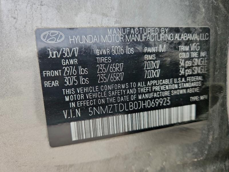 5NMZTDLB0JH069923 - 2018 HYUNDAI SANTA FE S GRAY photo 12