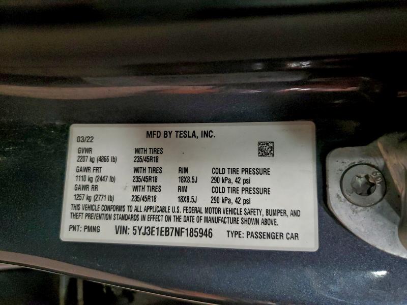 5YJ3E1EB7NF185946 - 2022 TESLA MODEL 3 رمادي صورة 12