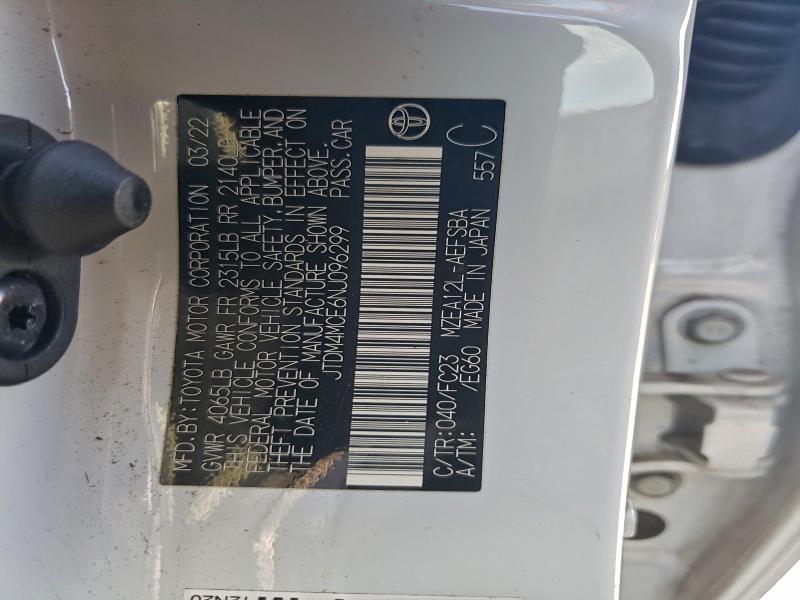 JTDM4MCE6NJ096299 - 2022 TOYOTA COROLLA SE 白色 照片 12