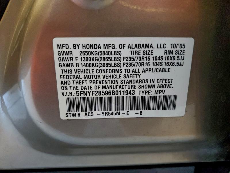 5FNYF28596B011943 - 2006 HONDA PILOT EX TAN photo 13