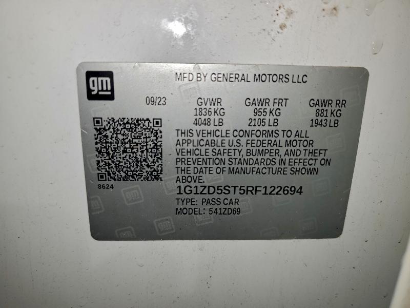 1G1ZD5ST5RF122694 - 2024 CHEVROLET MALIBU LT 白色 照片 12