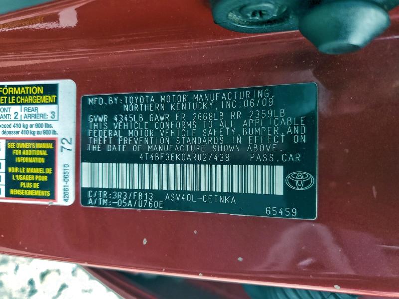 4T4BF3EK0AR027438 - 2010 TOYOTA CAMRY BASE RED photo 12