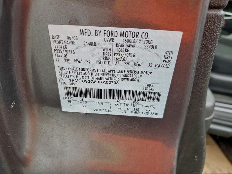 1FMCU93G89KA02798 - 2009 FORD ESCAPE XLT ნაცრისფერი ფოტო 12