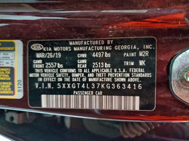 5XXGT4L37KG363416 - 2019 KIA OPTIMA LX BURGUNDY photo 12