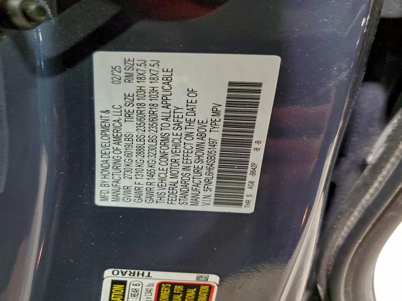 5FNRL6H64SB051497 - 2025 HONDA ODYSSEY EXL BLUE photo 13