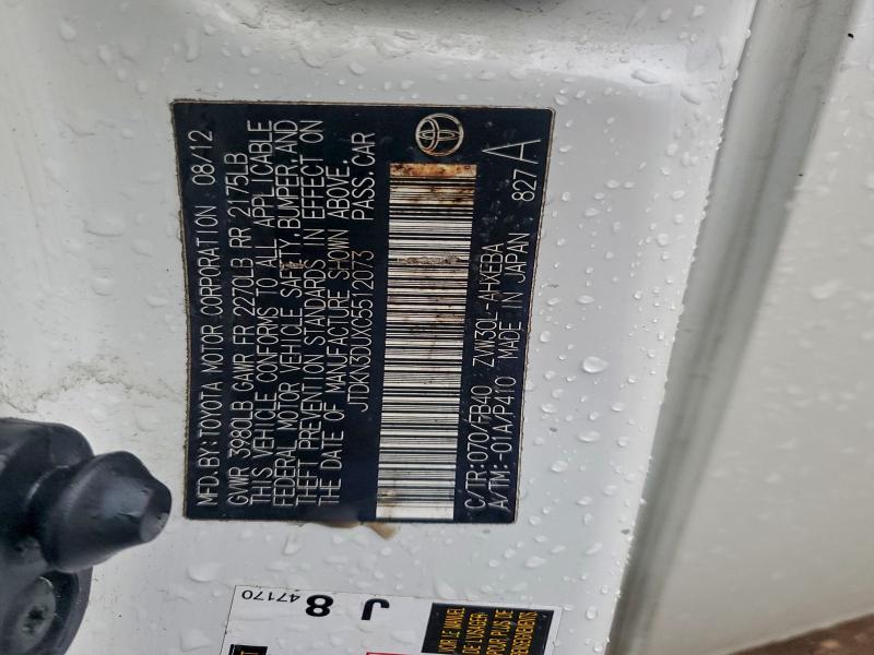 JTDKN3DUXC5512073 - 2012 TOYOTA PRIUS 白色 照片 12